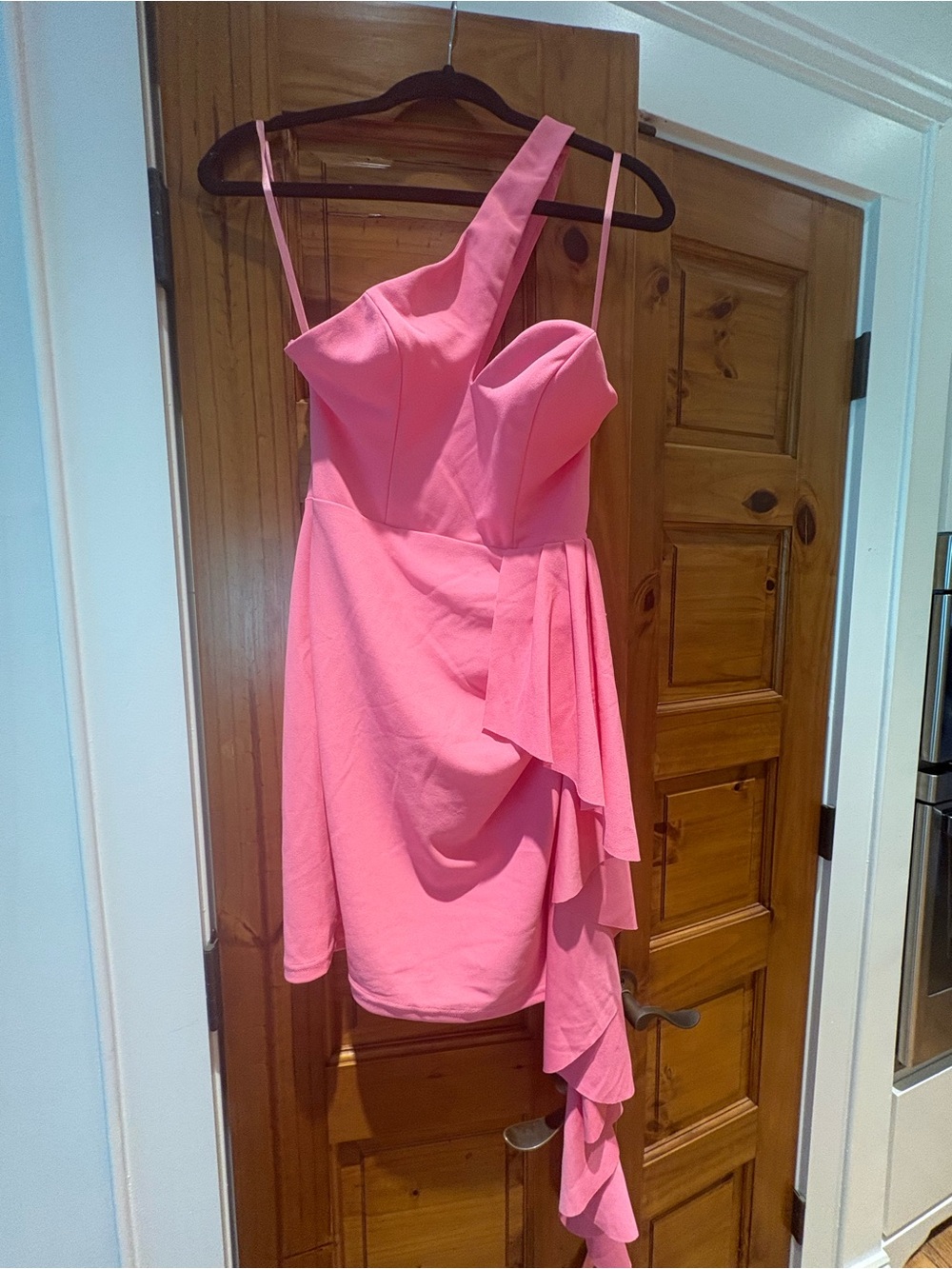 One-Shoulder Pink Cocktail Dress with Draped Ruffle